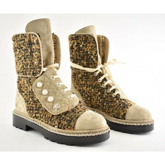 Chanel 18K Citizen Brown Beige Green Tweed CC Chain Pearl Combat Tall Boots 34.5 - Picture 2 of 12